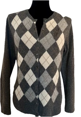 Tweeds Women’s 100% Cashmere Gray Argyle Cardigan Sweater Size M Made In Italy - Image 1 of 4