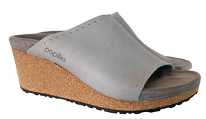Papillio Namica Birkenstock grau Leder Keilabsatz Pantoletten Sandalen Damen 38 / 7 Nieten - Bild 1 von 19