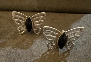 Vintage Mexico .925 Sterling Silber Schwarz Onyx Schmetterling Ohrringe - Bild 1 von 5