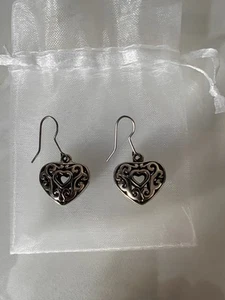 Genuine 925 Sterling Silver Heart Drop Earrings- Very Cute - Picture 1 of 4