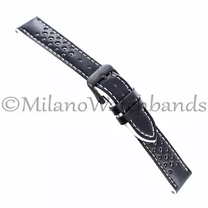 20mm Milano White/Black Ion-Plated Buckle Gen. Leather Mens Watch Band 17550 - Picture 1 of 4