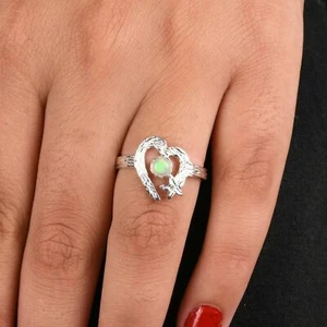 Ethiopian Opal Open Heart Love Ring 925 Sterling Silver Engagement Ring For Her - Picture 1 of 5