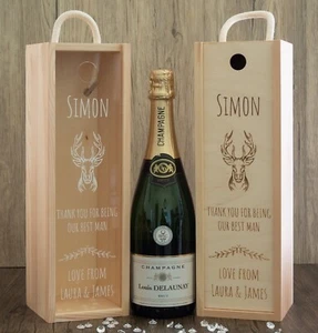 Personalised Stag Design Wooden  Bottle Box with Clear Acrylic or Wooden Front - Picture 1 of 5