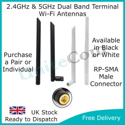 WiFi 2.4/5GHz Booster Dual Band Antenna RP-SMA 5dBi Broadband Router Black White - Image 1 of 2