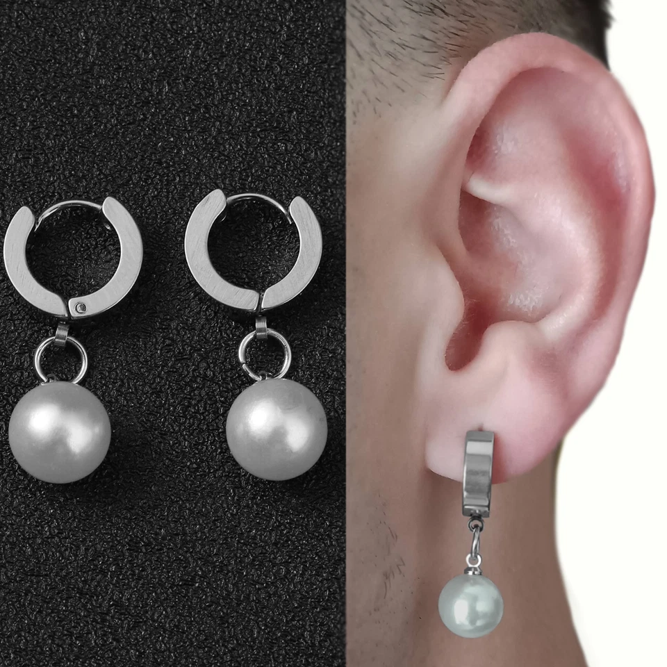 Orecchini con Perle Sintetiche Perla a Cerchio Uomo Donna Unisex Colore Argento - Immagine 1 di 3