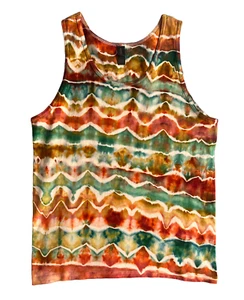 Surfer Style Zig-Zag Fold Ice Tie Dye T-Shirt, Mens M Tank Top, Rust & Green - Picture 1 of 10