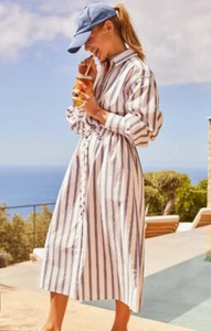 Joules Francesca Blue Stripe Cotton Midi Shirt Dress Fits UK10-12 RRP £79.95 - Picture 1 of 11