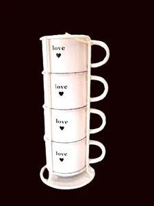New SIGNATURE HOUSEWARES SET OF 4 LOVE STACKABLE COFFEE MUGS w/Metal Caddy Tower - Picture 1 of 4
