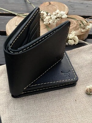 Real Genuine Leather Bifold Wallet Hand Stitched Textured Full Grain Jet Black - Image 1 of 4