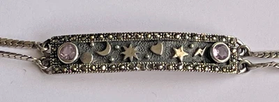 Pulsera Barra Marcasita Amatista Luna y Estrellas Esterlina 925 Foto 1 de 4