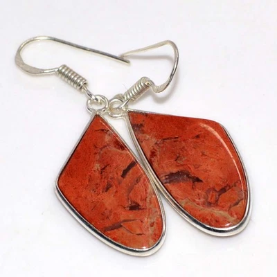 Pendientes hechos a mano enchapados en plata 925 de jaspe rojo 1,8" regalo limitado GW Foto 1 de 3