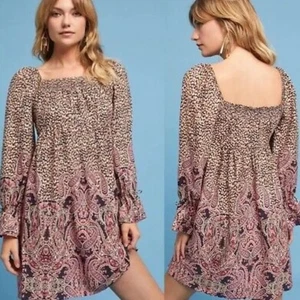 Maeve Anthropologie Milou Leopard Paisley Print Smocked Babydoll Dress - Picture 1 of 13