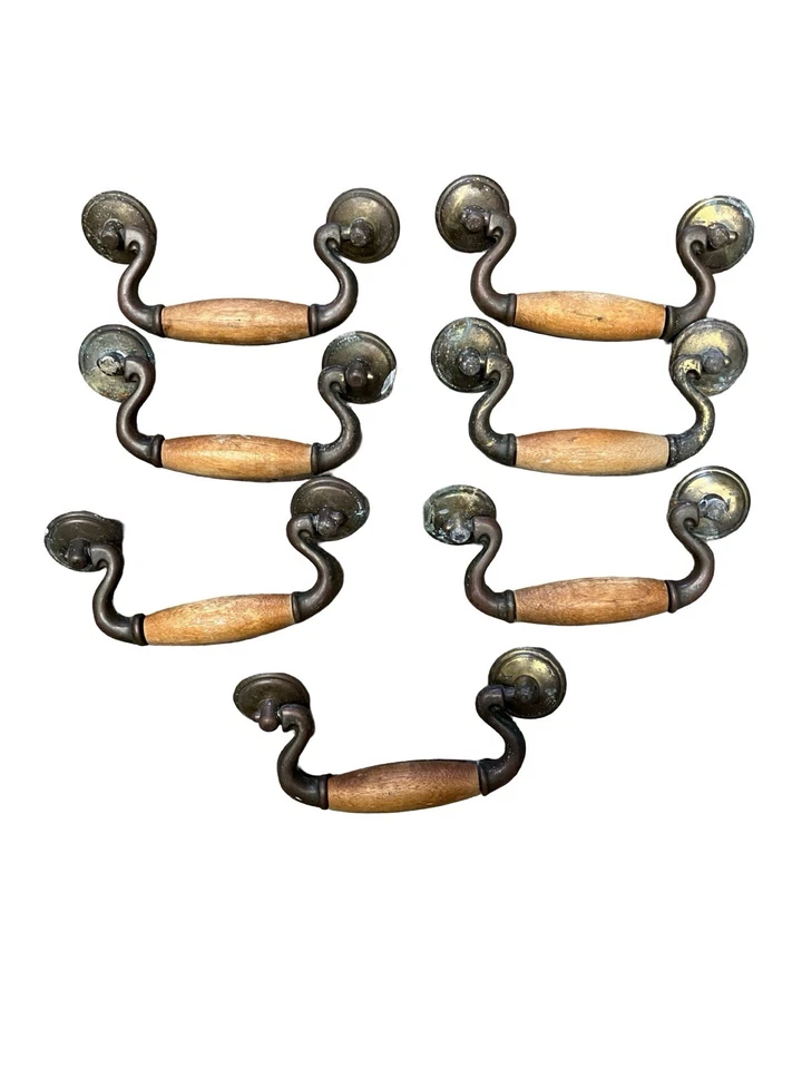 7 件套复古 Chippendale 黄铜桶抽屉拉手带木柄 ~ 1.5x3.25 阅读 — 第 1/4 张图片