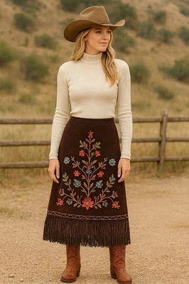 Falda Elisabeth Dalton Marrón Chocolate Bordada Boho Western Flecos Talla 8 Foto 1 de 4