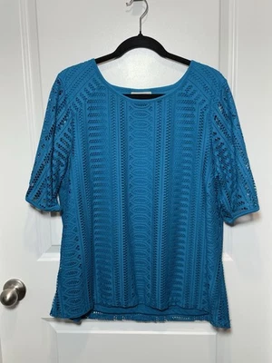 Dana Buchman 蓝色蕾丝衬衫 XL 女式衬衫上衣 X 大号短袖 — 第 1/4 张图片