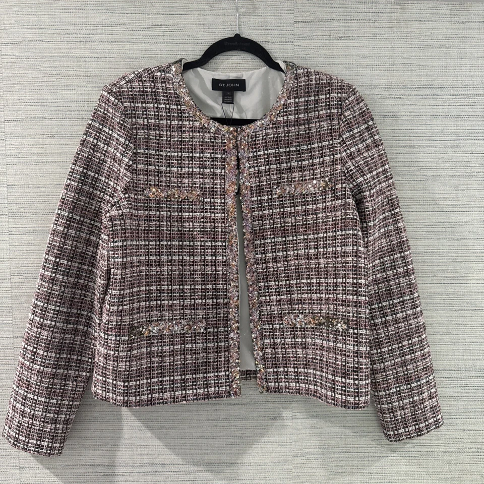 St. John Runway Tweed Blazer Ecru Black Pearl Petal Sequins Accented Size 14 - Image 1 of 4