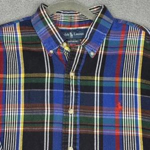 VTG RALPH LAUREN Men's Custom Fit Plaid Flannel XL Pony Blue Polo Shirt - Picture 1 of 14
