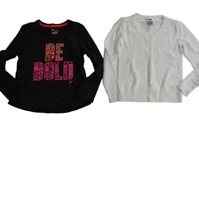 Old Navy Active Go-Dry Black T-shirt and White V-Neck Sweater Girls M 8 Long Slv - Image 1 of 4