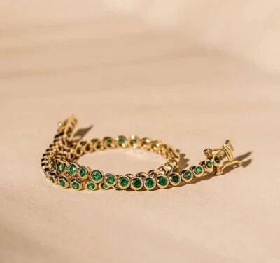 Brazalete Tenis Esmeralda Simulada Corte Redondo 10.00 Ct Chapado en Oro Amarillo 14K Foto 1 de 4