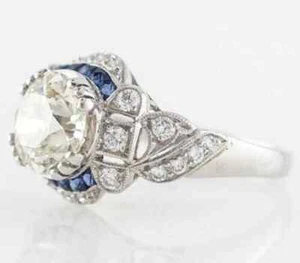 Art Deco Style Lab-Created Diamond Sapphire Engagement Ring 14k White Gold FN - Picture 1 of 8