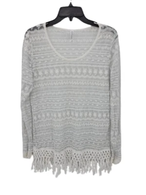 Monoreno Top Womens Large White Lace Sheer Long Sleeve Fringe Trim Boho Festival - Image 1 of 4