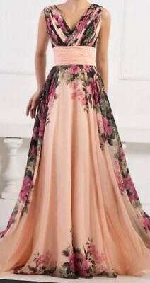 Grace Karin Dress Gown Peach Floral Formal Prom Maxi Size 10 Adjustable Back - Image 1 of 4