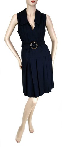 Abito Chanel vintage scollo a V blu navy con cintura taglia 4