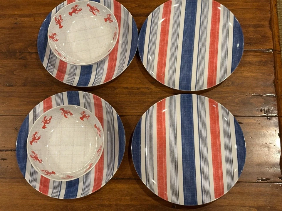 6 peças Tommy Bahama lagosta vermelha melamina 4 pratos de jantar 2 tigelas listra azul vermelha - Imagem 1 de 4