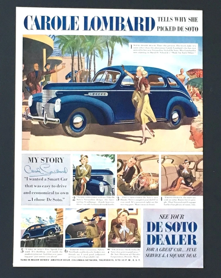 1938 DeSoto Publicidad Carole Lombard Coche Inteligente Obra de Arte De Colección Impresión AD Foto 1 de 1