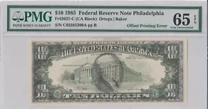 1985 $10 OFFSET PRINTING ERROR FRONT TO BACK PMG GEM UNC 65 EPQ - Picture 1 of 2