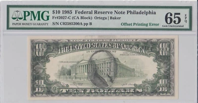 1985 $10 OFFSET PRINTING ERROR FRONT TO BACK PMG GEM UNC 65 EPQ - Image 1 of 2