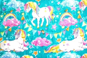 BTY*WHITE UNICORNS, PINK CLOUDS & RAINBOWS ON TEAL FLEECE FABRIC 1 YD 60X36" - Picture 1 of 4