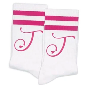 Women’s Socks, White Socks with Stripe and Letter in Hot Pink, White Socks 8 J - Picture 1 of 8