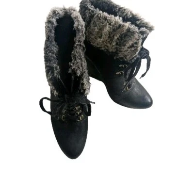 Boutique 9 Black 7 1/2 Ankle Boots Lace Up Fauxe Fur Wedge Heel Suede Leather  - Image 1 of 4