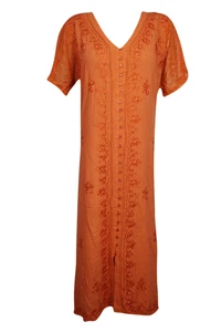 Boho Gypsy Orange Long Dress Embroidered Button Down Loose Resort Wear Dresses L