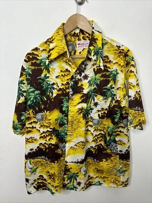 Vintage 70s Woolcrest Men L Disco Hawaiian Shirt Yellow Hipster - Image 1 of 4