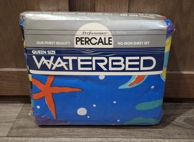 NIP Performance by Springs Percale Queen 水床床单套装 Reef 蓝色印刷品 美国 — 第 1/4 张图片