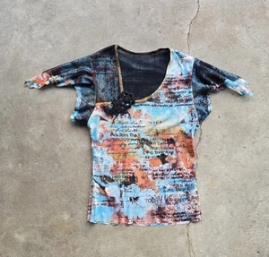 VTG Y2K EURO Micro Mesh Grunge Graphic Script Short Sleeve Top Small Fairy - Picture 1 of 7
