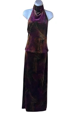 Vintage Cache Velvet Halter Top Maxi Skirt Set Purple Brown Palm Print Y2K READ - Image 1 of 4
