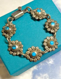 27g VTG Native Mexico Sterling Silver TURQUOISE Flowers 925 Floral Bracelet 7” - Picture 1 of 2