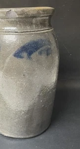 9.75"h Antique Salt Glazed Crock Cobalt Blue Leaf Like Design - Rim Chip - Picture 1 of 16