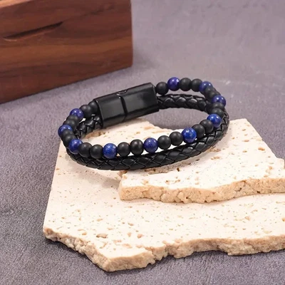 黑曜石 Lapis Lazuli 手镯男式皮革编织手链磁性扣 — 第 1/4 张图片