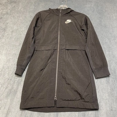 Nike Sportswear Parka Coat Girls Medium Black Swoosh Logo Fleece Lined Hooded - Image 1 of 4