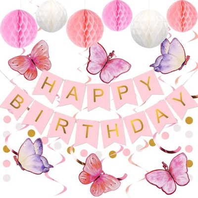 Decoraciones de Cumpleaños, Banner de Feliz Cumpleaños con Bolas de Panal, Colgar Mariposa Foto 1 de 4