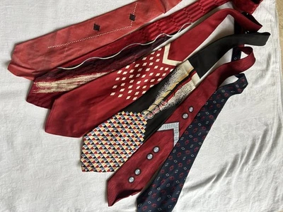 Vintage 40s Neckties Lot 6 Rockabilly Deco Swing Silk Rayon Red Burgundy - Image 1 of 4