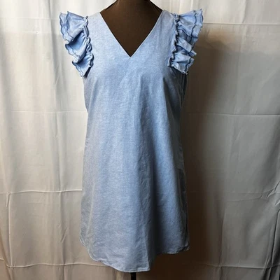Esley размер большой светло-синий льняной крышка рукав оборки акцент платье V шеи назад молнии - Изображение 1 из 4