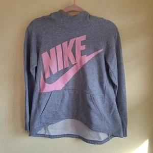 Nike Girls Large AJ6775-445 Gray Pullover Hoodie Sweatshirt Swoosh Pink Logo - Picture 1 of 8