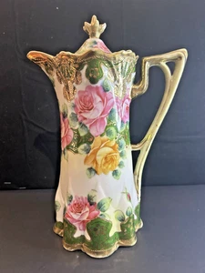 Nippon Noritake Hand Painted Chocolate Pot Roses & Gold Maple Leaf Mark 10” - Picture 1 of 21