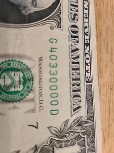40330000. $1 FRN Fancy 4 Digit, 4 0s Serial Number. - Bild 1 von 3