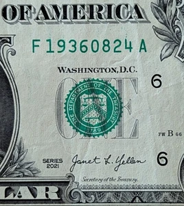 2021 $1 bill fancy serial, birthday date note August 24, 1936. F 19360824 A - Picture 1 of 3